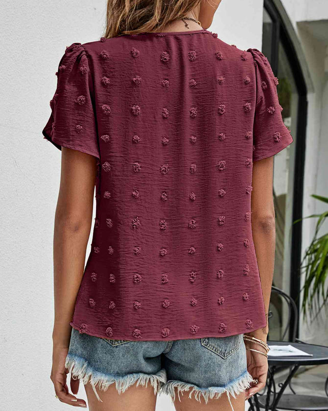 Swiss Dot Round Neck Petal Sleeve Top