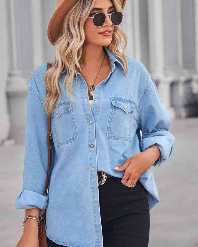 Collared Neck Dropped Shoulder Denim Top