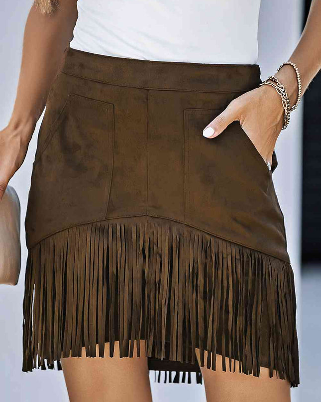 Fringe Detail Zip-Back Skirt with Pockets