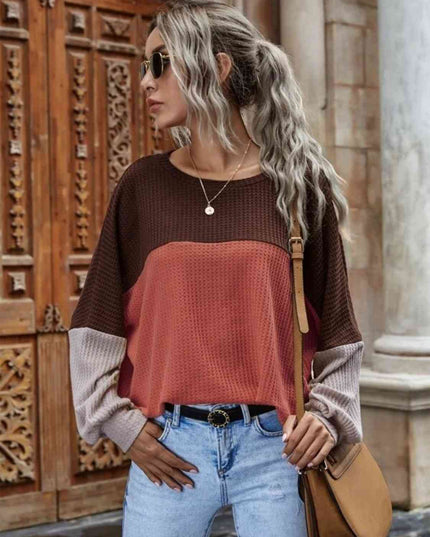Color Block Waffle-Knit Long Sleeve Top