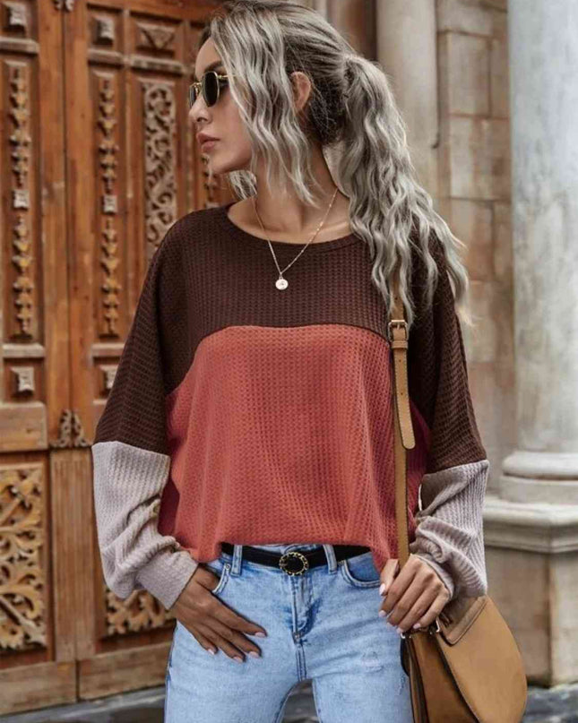 Color Block Waffle-Knit Long Sleeve Top