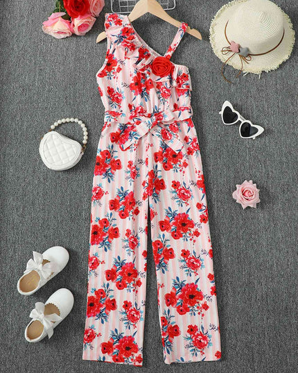 Floral Asymmetrical Neck Tie Belt Jumpsuit