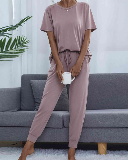 Round Neck Short Sleeve Top and Pants Set