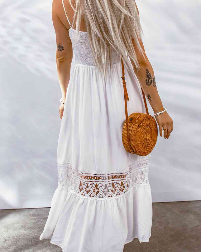 Buttoned Spliced Lace Spaghetti Strap Maxi Dress