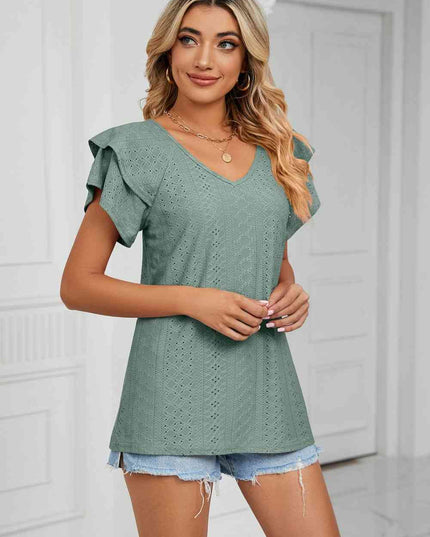 Eyelet Layered Flutter Sleeve V-Neck Knit Top