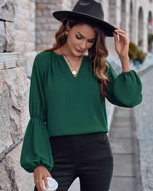 Notched Neck Long Sleeve Top