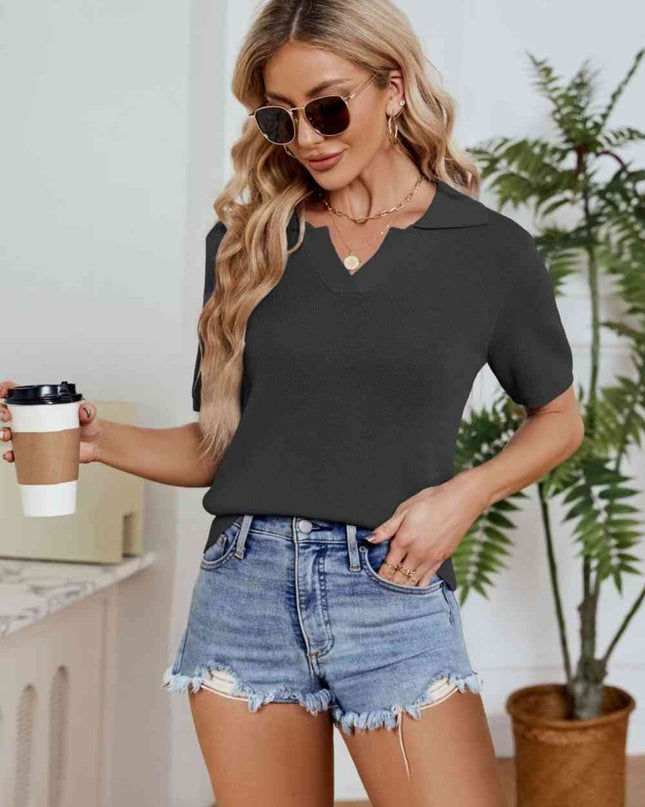 Johnny Collar Short Sleeve Knit Top