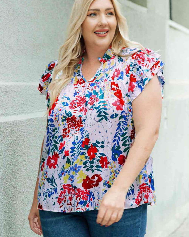 Plus Size Floral Smocked Flutter Sleeve Blouse