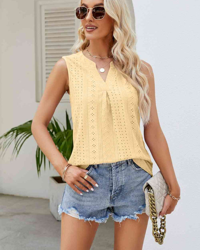 Notched Neck Curved Hem Eyelet Tank