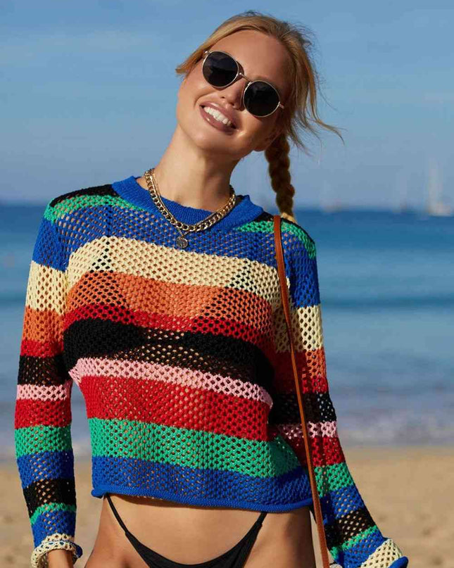 Rainbow Stripe Openwork Long Sleeve Cover-Up