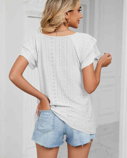 Eyelet Layered Flutter Sleeve V-Neck Knit Top