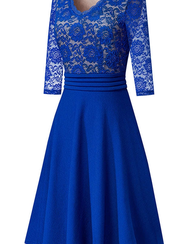 V-Neck Lace Detail Knee-Length Dress
