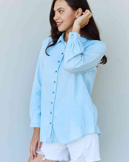 Doublju Blue Jean Baby Denim Button Down Shirt Top in Light Blue