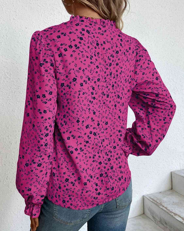Notched Neck Flounce Sleeve Blouse