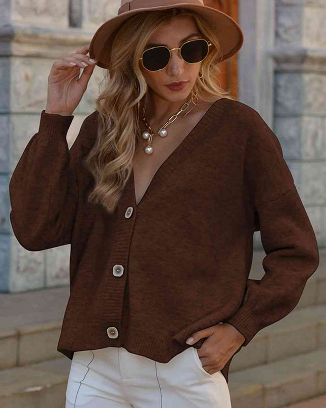 V-Neck Button-Down Dropped Shoulder Cardigan