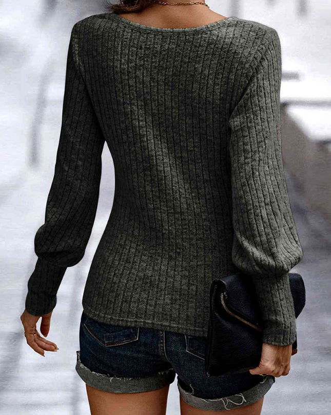 Ribbed Round Neck Long Sleeve Blouse