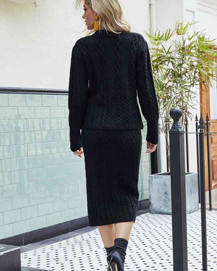 Mixed Knit V-Neck Cardigan and Knit Skirt Set