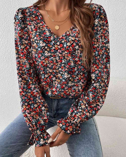 V-Neck Printed Long Sleeve Blouse