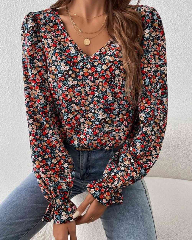 V-Neck Printed Long Sleeve Blouse