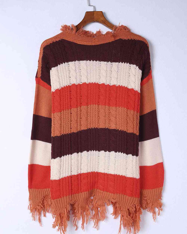 Color Block Frayed Hem Open Front Cardigan