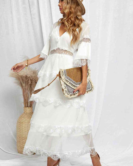 V-Neck Spliced Lace Maxi Dress