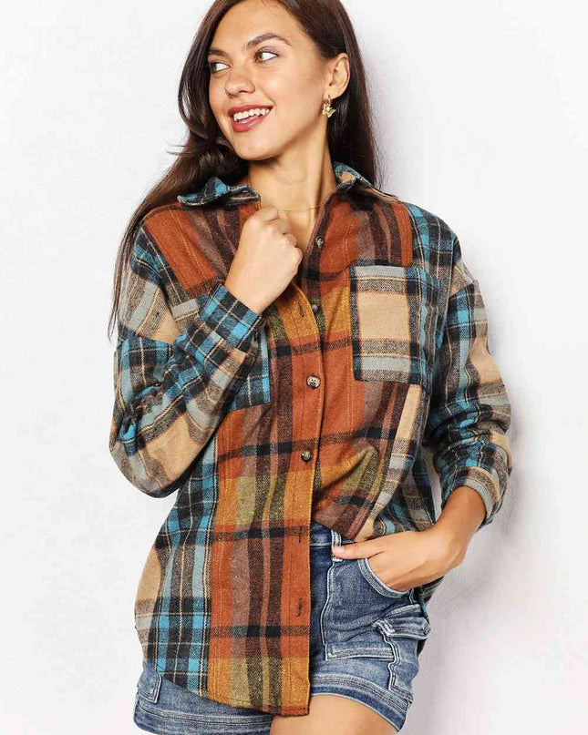 Double Take Plaid Curved Hem Shirt Jacket with Breast Pockets