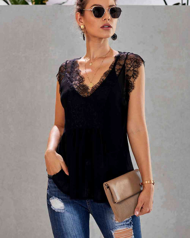 Eyelash Trim Spliced Lace V-Neck Tank