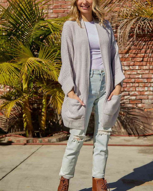 Waffle-Knit Long Sleeve Cardigan with Pocket