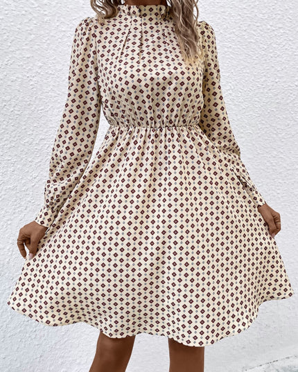 Printed Ruched Mock Neck Long Sleeve Dress