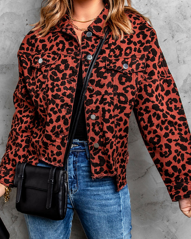 Double Take Leopard Print Raw Hem Jacket