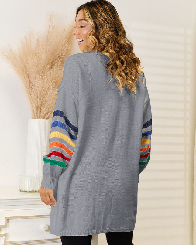 Striped Open Front Dropped Shoulder Cardigan