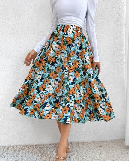 Printed Ruffle Hem Midi Skirt