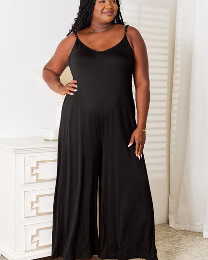 Double Take Full Size Soft Rayon Spaghetti Strap Tied Wide Leg Jumpsuit