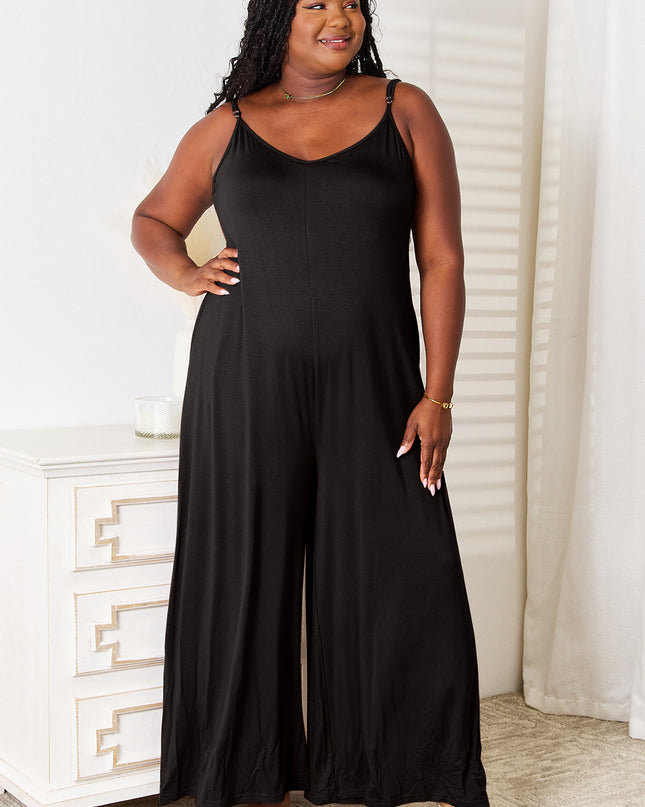 Double Take Full Size Soft Rayon Spaghetti Strap Tied Wide Leg Jumpsuit