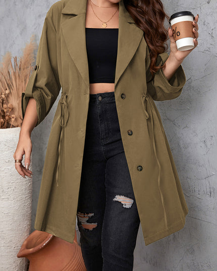 Plus Size Lapel Collar Drawstring Roll-Tab Sleeve Trench Coat