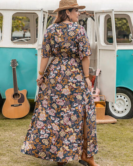 Floral V-Neck Short Sleeve Slit Dress