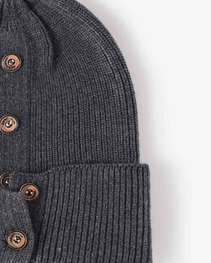 Button Detail Rib-Knit Cuff Beanie