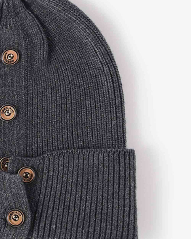 Button Detail Rib-Knit Cuff Beanie
