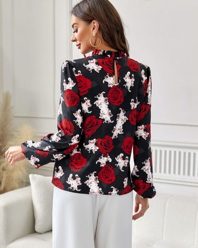 Floral Mock Neck Long Sleeve Blouse