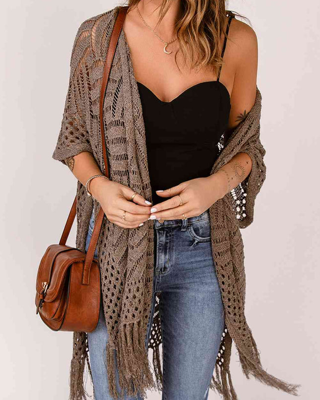 Fringe Hem Slit Open Front Cardigan