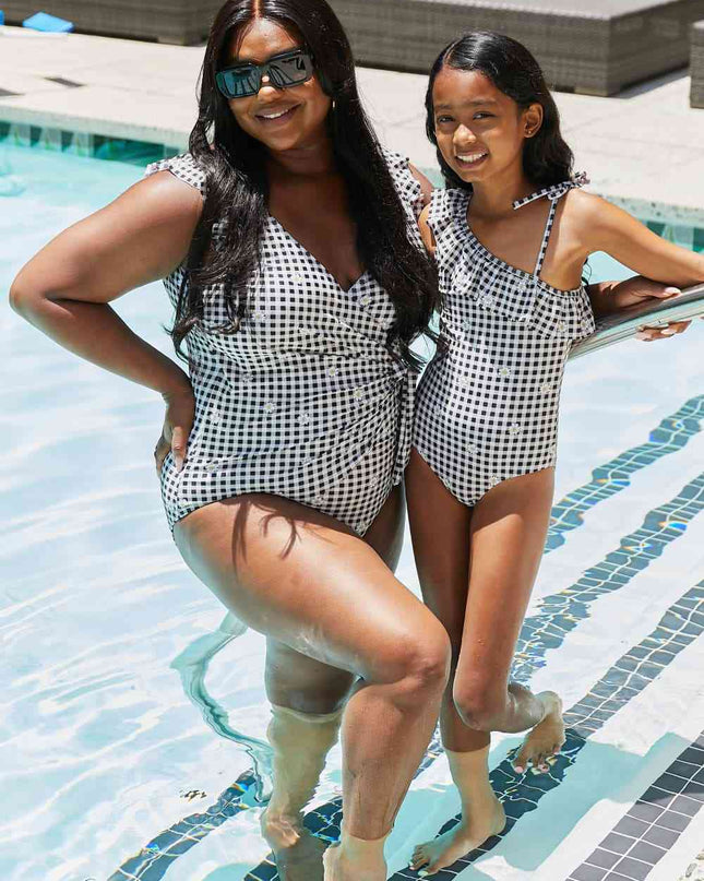 Marina West Swim Full Size Float On Ruffle Faux Wrap One-Piece in Black