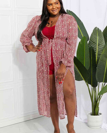 Leopard Tie Waist Flounce Sleeve Cover Up