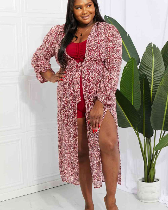 Leopard Tie Waist Flounce Sleeve Cover Up
