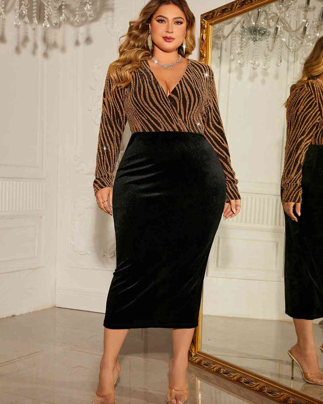 Plus Size Surplice Neck Long Sleeve Slit Dress