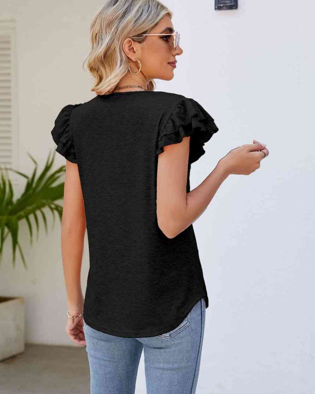 Smocked Flutter Sleeve V-Neck Top