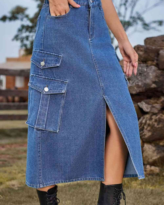 Slit Front Midi Denim Skirt with Pockets