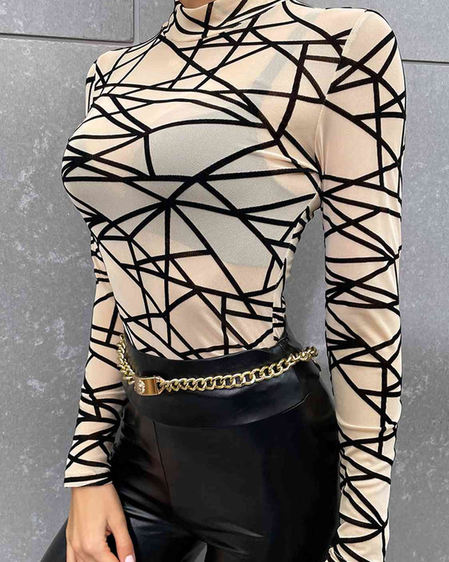 Geometric Mock Neck Long Sleeve Top