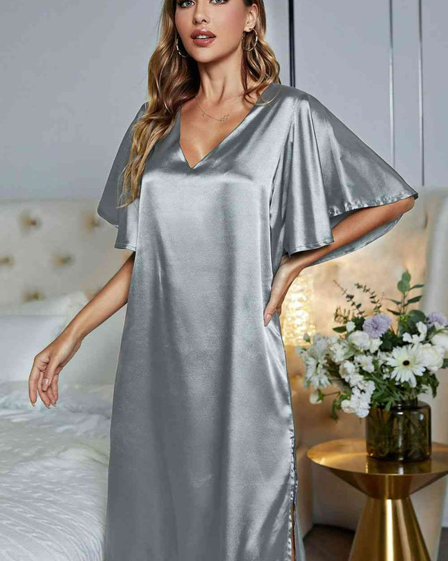 Satin Flutter Sleeve Side Slit V-Neck Night Dress