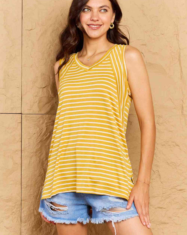 Doublju Talk To Me Full Size Striped Sleeveless V-Neck Top