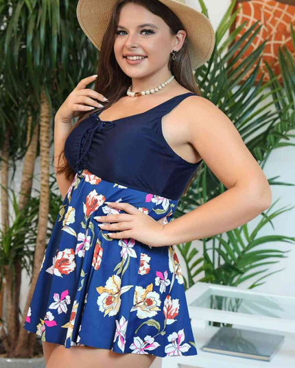 Plus Size Floral Ruched Sleeveless Swim Top